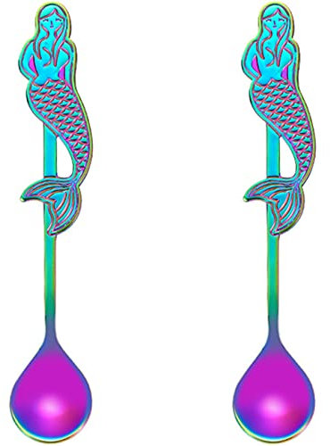 Ice Cream Spoons Set of 2 Stainless Steel Latte Spoons for Latte Coffee Hot Chocolate Hot Drinks 5.1 Mermaid Shape (Rainbow)