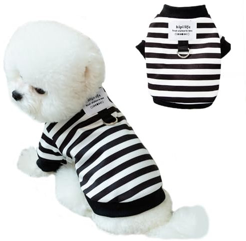 Anelekor Herbst Hund Hoodies mit Leine Ring Warm Striped Puppy Shirt für kleine Hunde Mädchen Junge Katze Pullover Winter Haustier Kleidung Pommersche Chihuahua Kaltes Wetter Mantel (L, Schwarz)