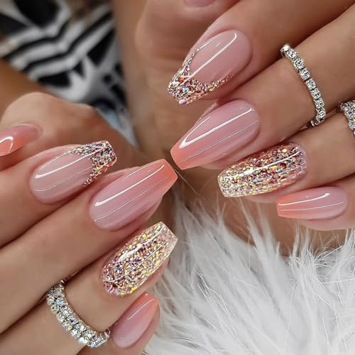 Ceboic 24 Stück Press on Nails Mittel Sarg Orange Farbverlauf French Kunstnägel zum Aufkleben Glänzend Ballerina Künstliche Nägel Acryl Fingernägel Falsche Nägel für Frauen und Mädchen