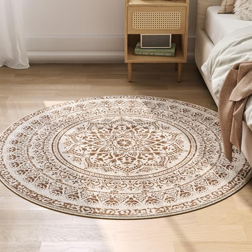 SONGMICS Teppich rund, Outdoor Teppich, Boho, 120 cm d, waschbar, rutschfest, Floral Vintage, für Wohnzimmer, Esszimmer, Schlafzimmer, Optik, Garten, Terrasse, Balkon,cappuccinobeige TAR051K01