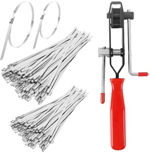 200 Pièces Attache Cable en Acier Inox avec Pistolet à Soufflet de Cardan, 4,6 x 200/300mm Serre-câbles Acier Autobloquant Serre Flex Metal, Pince Collier Cardan, Pince à sertir (1)