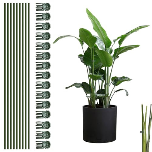 CANIPHA 10Pcs Plant Support Stakes with 15pcs Plant Clips, Bendable Metal Core with Anti-Rust Plastic Surface, Green