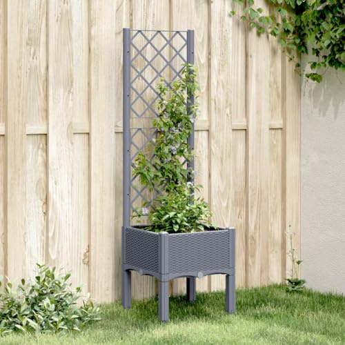 Gecheer Pflanzkübel mit Rankgitter Hochbeet Blumenkübel Gartenspalier Spalier Rankhilfe Blumenkasten mit Rankgitter,Pflanzkasten für Kletterpflanzen,Blumenkübel 40 x 40 x 142 cm (L x B x H) PP Grau