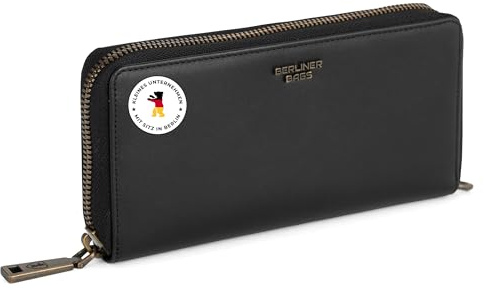 Berliner Bags Geldbörse Damen Lyon Premium, Leder Portemonnaie - Schwarz | Große Geldbörse aus Leder mit 14 Kartenfächern, TÜV-geprüftem RFID-Schutz, YKK-Reißverschluss, Geschenkbox für Damen