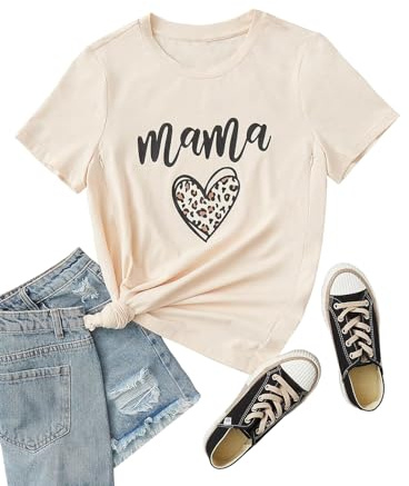 Damen Umstands-Still-Shirt, lustiges Mama-Shirt, niedliches Leopardenherz, Grafik-T-Shirt, freundlicher Reißverschluss, Umstands-Still-Tops, Cream, Groß