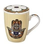 MIELIMON Taza para te de ceramica con tapa y filtro de acero inoxidable- tazon porcelana con filtro tea 11cm - Taza infusion modelo tropical 350ml (beige)