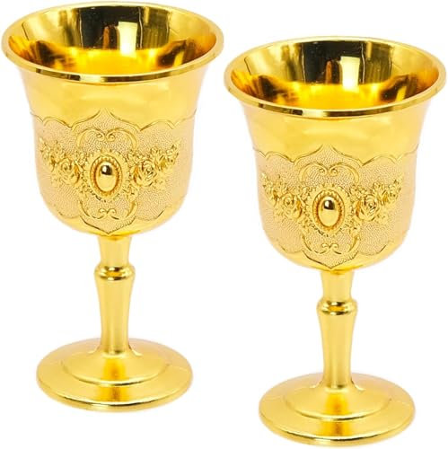 BLLREMIPSUR 2 Pack Small Gold Wine Glasses, Vintage Goblet, Metal Embossed Wine Cup, Christmas Wine Glasses, for Home Bar, Party, Wedding