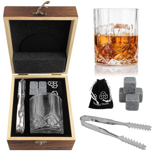 Ghazpmuk Juego de Vasos de Whisky, Set de Accesorios de Whiskey, Set de Whisky Regalo para Hombre, Regalos para Hombres Incl 4 Piedras de Whisky 1 VasosPosavasos Bolsa de Terciopelo Pinzas para Hielo