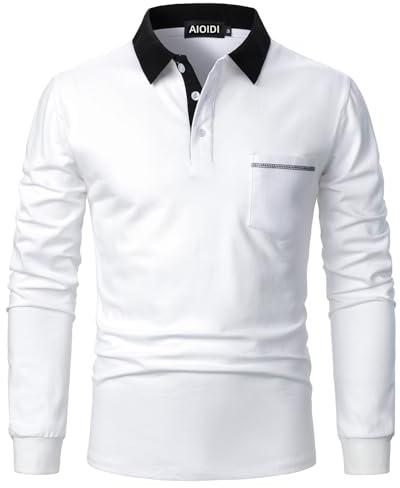 AIOIDI Polo Shirts for Men Adults Long Sleeves Cotton Tops Golf T-Shirts with Real Pocket