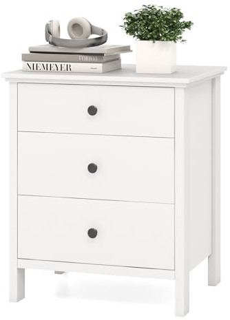 KOMFOTT 3 Drawers Nightstand, Wooden Bedside Table, Modern Sofa Side End Table, Space-Saving Telephone Table, Chest of Drawers for Living Room, Bedroom & Office (1, White)