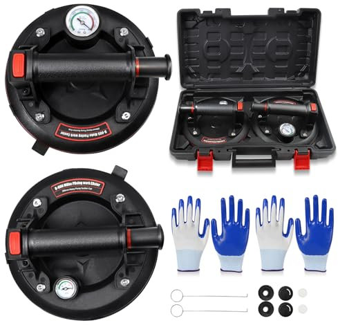 2 Pièces 8 Ventouse Carrelage, Ventouse Vitre Professionnelle avec Manomètre et Boîte à Outils Portable, Industriel à Ventouses en Verre pour Soulever de Vitre,Carrelage,Meubles, Charge 200 KG