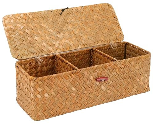 32.5x12x11cm Natürliches Aufbewahrungskorb, Seegras Korb Aufbewahrung, Geflochtene Rechteckig Korb, Rattan Korb mit Deckel 3 Fächern, Körbchen Aufbewahrung für Schlafzimmer Badezimmer (Orange)