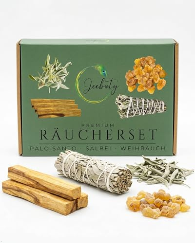 JEEBUTY Premium Räucherset XL, Weihrauch, Boswellia Carterii, 50g, Salbei lose 25g, Salbei Räucherbündel 1x, Palo Santo 3X, Geschenkset