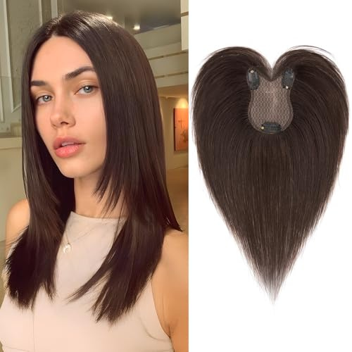 Benehair Echthaar Hair Topper für Frauen, 21g Haare Topper Echthaar Seitlicher Pony, 28CM Haartopper mit Bange, Menschliches Haar Toppers Oberkopf Spitze Basis, Mokkabraun Haar für mit Dünnem #2A