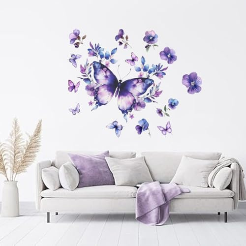 PLIGREAT 2 Blätter lila Schmetterling Wandtattoos Aquarell Vinyl Peel and Stick Wandaufkleber abnehmbare Wandkunst Aufkleber für Schlafzimmer Wohnzimmer Esszimmer Wanddekor DIY Zuhause Wandkunst Dekor
