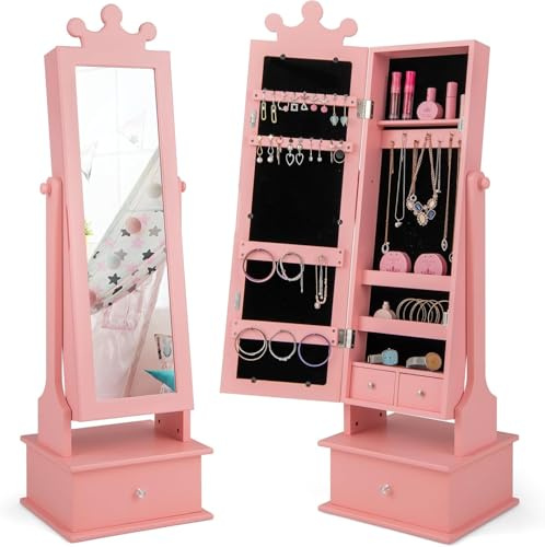 FANTASK Armoire à bijoux pour enfants, armoire à miroir inclinable avec miroir intégral, 2 angles d'inclinaison réglables et 3 tiroirs, étagère à bijoux, miroir de maquillage en forme de couronne pour