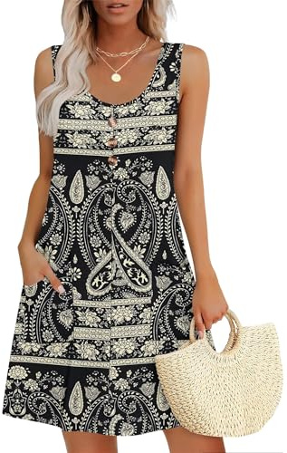 MOLERANI Vestido de Verano para Mujer Cuello Redondo Vestido sin Mangas Vestido Casual Suelto con Bolsillos Flor de anacardo Negro L
