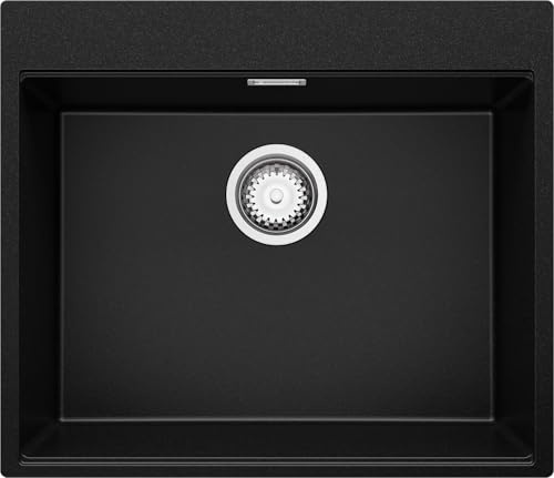 PRIMAGRAN Lavello da Cucina Nero 58x50cm, Lavandino in Granito a 1 vasca + Sifone Classico, Lavabo da Cucina Incasso al Mobile 60cm - Oslo Top S331