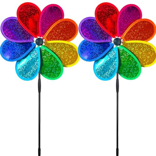 2er Set Windspiel Windrad Garten - 30cm Regenbogen Glitzer Windmühlen Wetterfeste Gartenstecker für Rasen/Balkon/Terrasse, Rostfreie Windräder für Kinder & Erwachsene 4 Farben