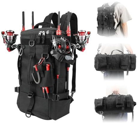 KOMCLUB Angelrucksack Angelgerät Aufbewahrungstasche, Umhängetasche Angelausrüstung,Rutenaufbewahrung, Werkzeugtasche zum Angeln Wandern Jagen Camping (Schwarz)