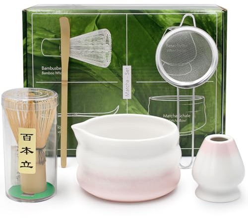 Gebrazy Matcha Set, 5 Stück Matcha Tee Set mit Matcha Whisk, Matcha Schale mit Ausgießer, Matcha Sieb, Rührer-Ständer und Bambuslöffel, für Matcha-Liebhaber (Rosa)
