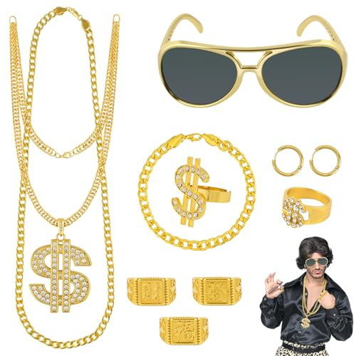 BSBUY Zuhälter Kostüm Set Rapper Hip Hop Accessoires mit Dollar Kette Große Gold Halskette Dollarzeichen Ring Goldenes Armband Herren Gangster Gang Ring für 80s/90s Fasching Mottoparty Karneval Party