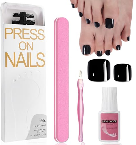 Schwarz Künstliche Fußnägel - 120 Stück Glänzend Künstliche Zehennägel - Einfarbiger Fussnägel Zum Kleben mit Werkzeuge - Full Cover Kurz Press on Nails Füße für Damen Frauen Nagelkunst DIY (Black)