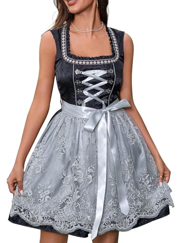 Aibaowedding Dirndl Damen Midi Trachtenkleid Schwarz Trachtenrock 2-teilig Kleid Oktoberfest Outfit mit Dirndl Schürzen für Oktoberfest (L,Schwarz Silber)
