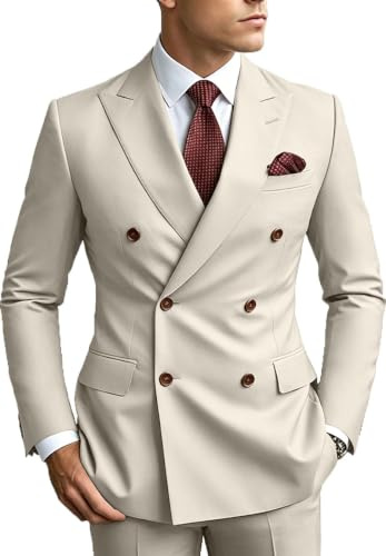 Zweireihiger Herrenanzug, schmale Passform, zweireihig, Blazer, Hosen-Set, Hochzeitsanzug, Abschlussball, Beige, M