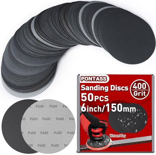 Set di 50 Dischi Abrasivi Rotondi da 150 Mm, Carta Vetrata al Carburo Di Silicio, Tamponi per Levigatrice Orbitale Bagnati e Asciutti 400 Grana Disco di Sabbia per Legno, Metallo, Auto