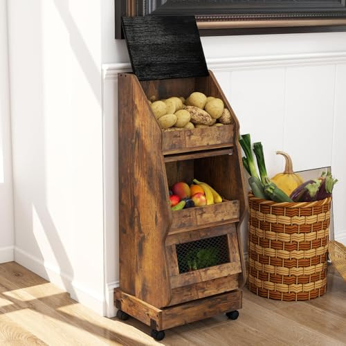 ARTETHTS Bread Bin, Bread Bins for Kitchen with Lid, 3 Tier Potato Bread Storage Box with Wheels, Rustic Onion Organizer Grocery Section Decorative Vegetable Organization Cabinet