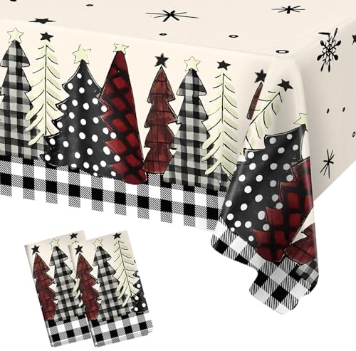 2 Pack Christmas Table Cloth, 220*130cm Christmas Tree Gray Grid Table Cloth, White Rectangular Large Xmas Table Cover for Christmas Party, Winter Holiday, Christmas Table Decorations Supplies