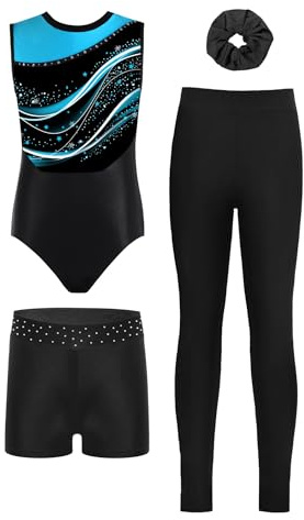 Yruioon 4tlg.Mädchen Turnanzug Glitzer Gymnastikanzug mit Hose Shorts Haarband Ärmellos Gymnastik Leotard Tanzanzug Wettbewerb Tanzkostüm