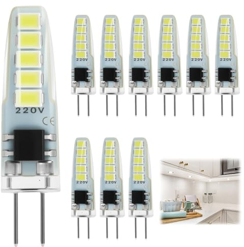 10 PCS G4 LED Bulbs, G4 LED Bulbs Cool White 2W 220-240V 6000K, 20W Halogen Equivalent, 360° Beam Angle, Non-Dimmable, Energy-Efficient LED Replacement for Landscape, Cabinet, and Recessed Lighting