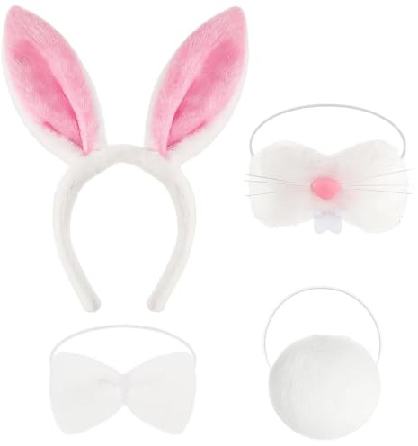 SongBuydn Hasenkostüm Erwachsene, 4-teiliges Set mit Hasenohren Haarreif | Hasenkostüm Erwachsene Set, Hasenohren Haarreif, Hasennase, Fliege, Schwanz; Für Ostern, Karneval, Cosplay, Partys