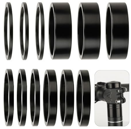 KLINNA 12 Stück Vorbau Spacer Set, 1 1/8 Zoll (28.6mm) Distanzscheiben für Ahead Steuersatz aus Aluminium, 2/3/5/10mm Lenker Abstandshalter Fahrrad für MTB, Rennrad, BMX