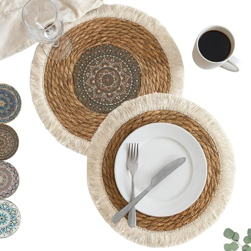 2er Set Boho Tischsets Rund 30 cm, handgeflochtene Naturfaser-Platzsets aus Rohrkolbenfasern, hitzebeständig & rutschfest, Platzdeckchen mit Fransen für Esstisch Küche Tischdeko, Graues Mandala
