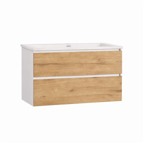 Baikal Mueble de Baño Lia. Mueble MONTADO. 2 Cajones Suspendido con Lavabo Ceramico. Armario de Baño. Cierre Amortiguado. Altura 64cm. 80cm. Blanco - Nature