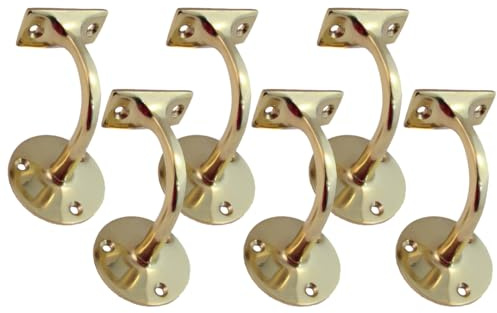 Brass Polished Handrail Bracket, Pack of 6 Stair Rail Support, 76mm Wall Mounted Bannister Bracket with Fixing Screws