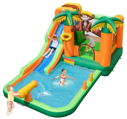 Maxmass 7 in 1 Inflatable Water Park, Outdoor Bouncy Castle with Splash Pool, Water Cannon, Climbing Wall, Basketball Hoop, Trampoline, Children Bounce House Jumping Castle (without 50 Ocean Balls)