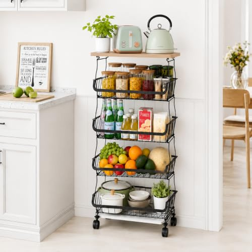 5 Tier Vegetable Rack for Kitchen, Heavy Duty Rolling Fruit Basket with Solid Wood Top, Stackable Metal Wire Storage Cart with Wheels, Mobile Pantry Organizer for Produce & Appliances, Black