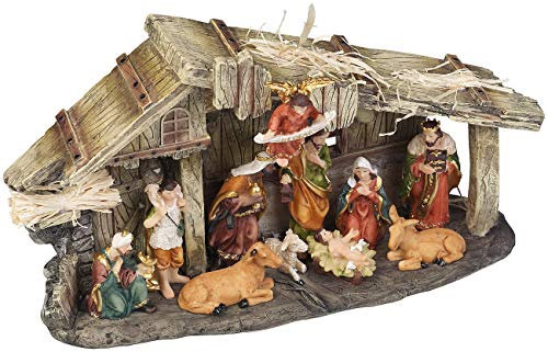 PEARL Krippe mit Figuren: Weihnachtskrippe aus Polyresin mit 11 handbemalten Figuren (Krippe Weihnachten mit, mit handbemalten, Weihnachtsbaum)