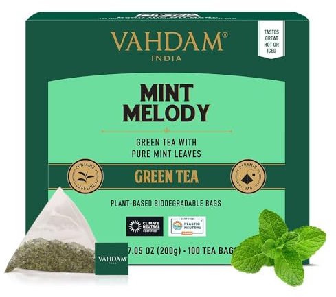 VAHDAM, Mint Melody Té Verde (100 Piramidales Bolsitas De Té) 100% Natural De Menta Y Hojas De Menta | Envasado Fresco En La India | Caliente, Frío O Como Kombucha