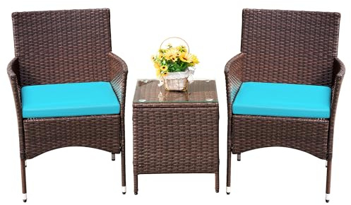 Devoko Patio Porch Furniture Sets 3 Pieces PE Rattan Wicker Chairs with Table Outdoor Garden Furniture Sets (Brown/Blue)