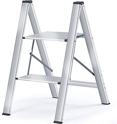 KINGRACK Aluminium 2 Step Ladder with Wide Steps, Lightweight Folding Ladder, Portable Slim Step Stool, Safety Household Ladder Stepladder with Multi-function, Silver