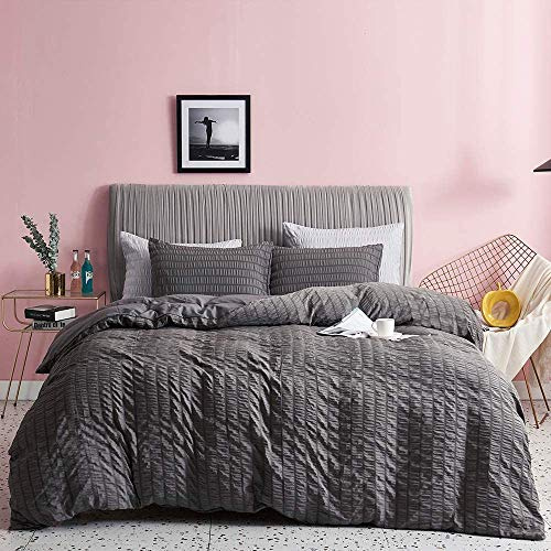 Seersucker Bettbezug mit Kissenbezügen, 100% Baumwolle, Fadenzahl 200, Weiß | Silber | Anthrazit | Rosa | Grau Bettwäsche-Sets für Doppelbett King Size, Super King Size (Anthrazit, Kingsize)