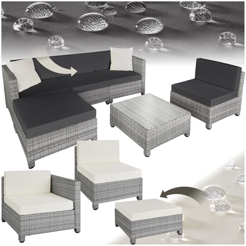 tectake® Set Salotto da Giardino Polyrattan, Elegante Design Moderno, 4 Pezzi con Tavolo Vetro, Imbottiture Confortevoli 10cm, Arredo Giardino, Arredo Esterno, Adatto Terrazza, Balcone -Grigio Chiaro