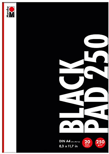 Marabu 1612000000501 Black Pad 250, schwarzes, mattes Spezial-Papier, 250 g/qm, 20 Blatt, DIN A4, säurefrei, biologisch abbau- und recyclebar, ideal zum Gestalten mit Acrylmarkern, Paintern und Linern