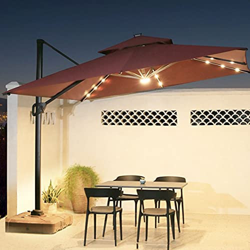 0℃ Outdoor Parasol Colgante con Led Solar Sombrilla, Sombrilla Voladiza de Jardín Sombrilla con Manivela, Garden Parasol Excéntrico Banana para Jardín Terraza Piscina Balcón, Protección UV,Rojo,2.5m