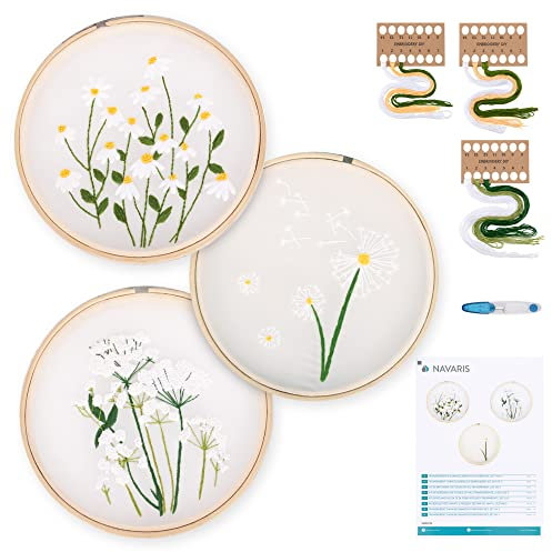 Navaris Garn Blumen DIY 3er Stickset - 3x Stickerei Set für Anfänger - Stickrahmen mit transparentem Blumen Design vorgedruckt - Stick Sets Vorlage